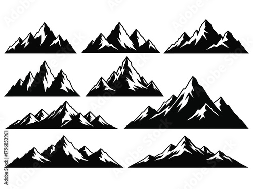 A collection of nine different mountain range silhouettes in a black and white vector style.
