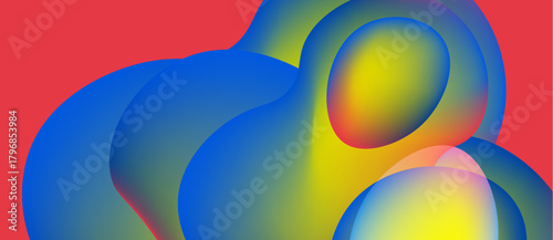 Abstract fluid shapes blend vibrant colors. Blue, yellow, red gradients create dynamic composition. Smooth transitions suggest movement, energy.