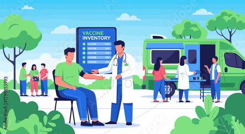 Mobile healthcare unit providing vaccinations in an outdoor setting illustration