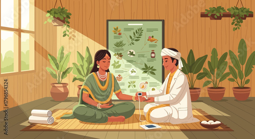 Traditional indian medicine session, a serene consultation in a leafy ambience