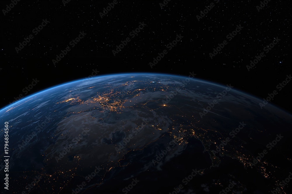 Obraz premium Nighttime satellite image displaying Earth's illuminated urban areas and a glowing world map on a clear backdrop