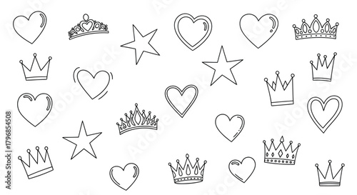 Assorted handdrawn hearts, crowns, and stars in black and white