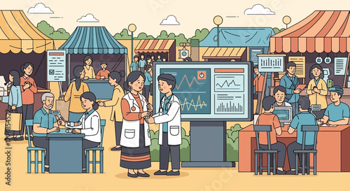 Community health fair with medical professionals providing checkups and information