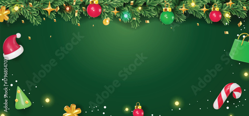 Christmas Border With green Background tree branch garland realistic with new year decor design elements Vector Illustration