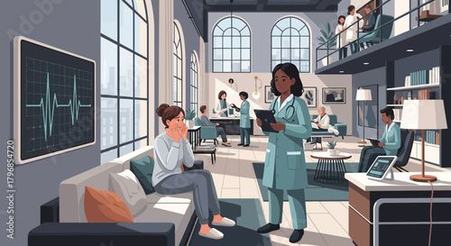 Modern doctor consulting with patient in a minimalist medical center setting