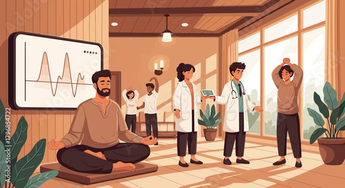 Medical team guides relaxation techniques with mindful yoga and deep breathing