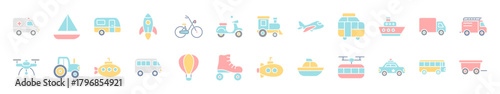 Colorful flat transportation icon set featuring various land, air, and sea vehicles such as cars, buses, trucks, bicycles, scooters, airplanes, rockets, ships, boats, submarines, trains, trams, camper
