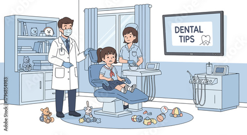 Friendly dental visit illustration with child, doctor, nurse and toys