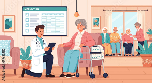 Doctor consulting with senior patient in assisted living facility or nursing home