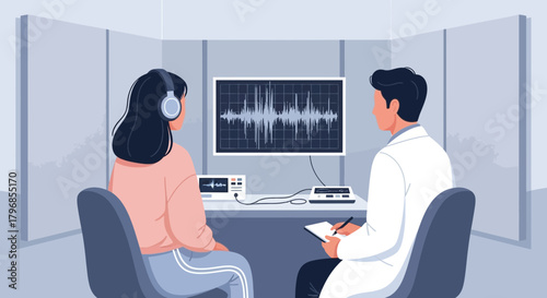 Audiology Assessment: Doctor Examining Patient's Hearing Test with Headphones