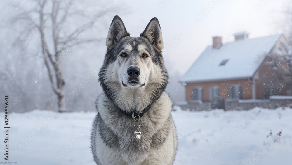 Naklejka premium Norwegian Elkhound standing watch outside a home on a snowy day, vigilant protector