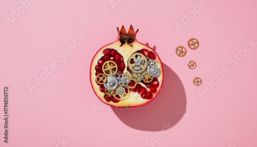 Surreal concept of a mechanical pomegranate heart with clockwork gears
