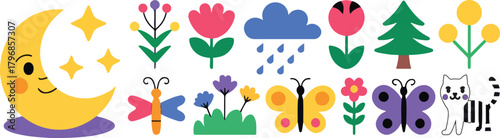 Children’s Doodle Set – Cute Moon, Flowers & Butterflies for Nursery Decor, Books & Kids’ Apps — Vector Illustration