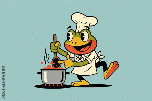 Cartoon Frog Chef Cooking Delicious Food in Pot.