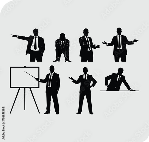 Businessman silhouettes, corporate poses, professional gestures, office presentation, confident stance, leadership style, business attire, teamwork, communication, executive presence, strategy