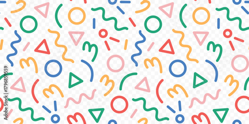Fun colorful line doodle seamless pattern. Creative minimalist style art background for children or trendy design with basic shapes. Simple childish scribble backdrop. Vector stock background