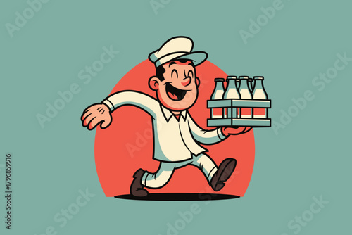 Happy Milkman Delivering Fresh Dairy Products Cartoon Style.