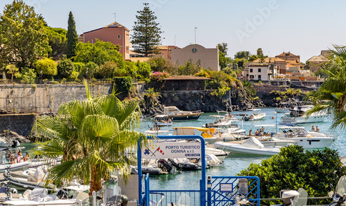 Catania, Sicily, Italy - 08 24 2025: Ognina Marina, also known as Porto Ulisse or Port Ulisse, 6kms from the centre of Catania, Sicily.