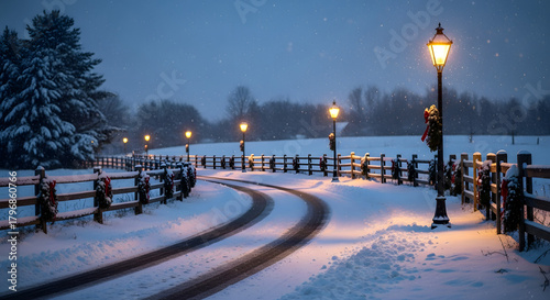 Magical winter evening road lined with glowing lampposts and festive wreaths, perfect for holiday greetings and cozy scenes.