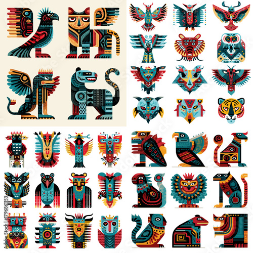 Vibrant tribal animal totems featuring eagles, felines, owls, serpents, and mythical creatures with bold ethnic patterns and striking geometric motifs.