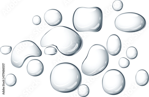 Clear realistic water droplets in various sizes and shapes, perfect for purity and freshness design concepts