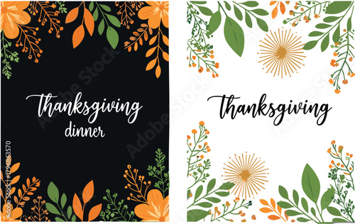 Thanksgiving floral greeting card design with autumn leaves, festive holiday dinner invitation template, seasonal botanical border artwork for fall celebrations