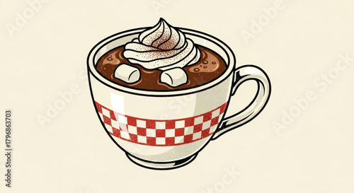 Delicious hot chocolate with marshmallows and whipped cream in a checkered mug vector illustration