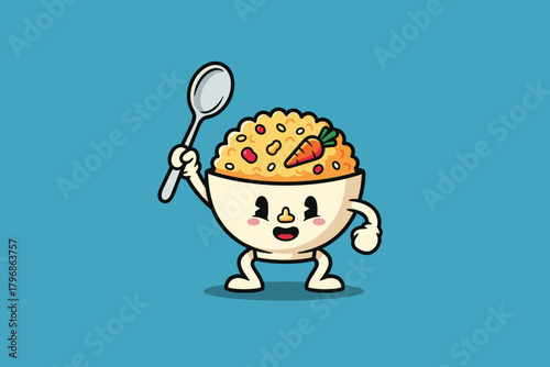 Cute Cartoon Bowl of Cereal Character Holding a Spoon.