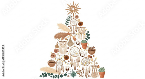 Boho christmas tree with dreamcatchers macrame and pampas grass for holiday decorations and festive spirit