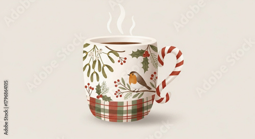 Christmas mug with robin and candy cane handle holiday season winter beverage festive cheer illustration