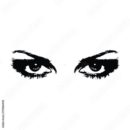 Black and white illustration of a woman's eyes with a dramatic, sharp gaze in a retro vintage style.