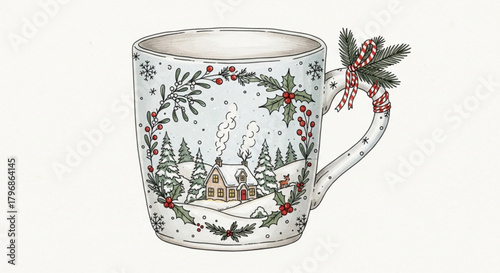 Winter christmas mug with holiday decorations and cozy home scene for seasonal cheer and warmth design