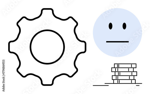 Gear, neutral face, and book stack illustrating concepts of productivity, emotion, and education. Ideal for technology, emotion analysis, knowledge sharing, system thinking learning processes