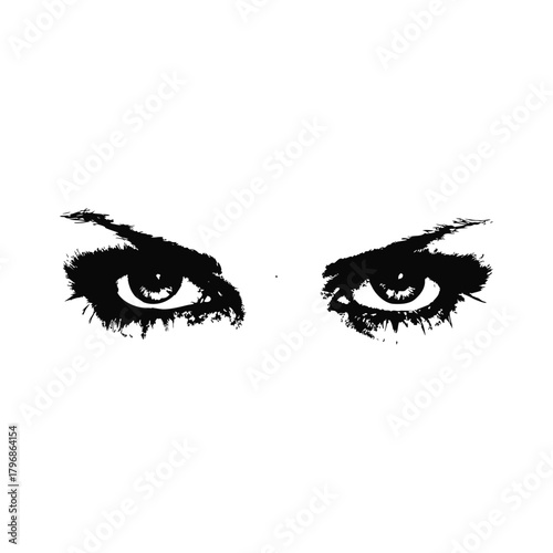 Black and white illustration of a woman's eyes with a dramatic, sharp gaze in a retro vintage style.