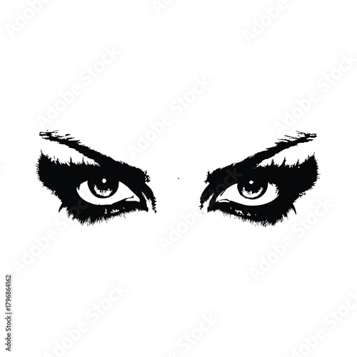 Black and white illustration of a woman's eyes with a dramatic, sharp gaze in a retro vintage style.