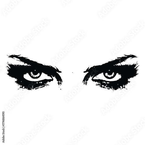 Black and white illustration of a woman's eyes with a dramatic, sharp gaze in a retro vintage style.
