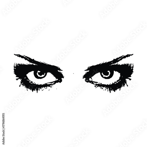 Black and white illustration of a woman's eyes with a dramatic, sharp gaze in a retro vintage style.