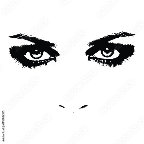 Black and white illustration of a woman's eyes with a dramatic, sharp gaze in a retro vintage style.