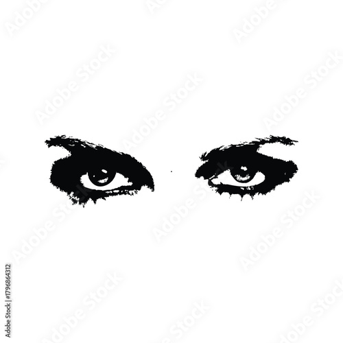 Black and white illustration of a woman's eyes with a dramatic, sharp gaze in a retro vintage style.