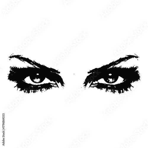Black and white illustration of a woman's eyes with a dramatic, sharp gaze in a retro vintage style.