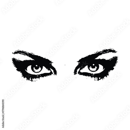 Black and white illustration of a woman's eyes with a dramatic, sharp gaze in a retro vintage style.