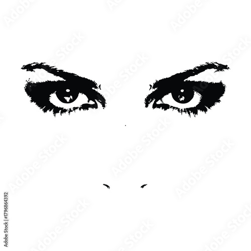 Black and white illustration of a woman's eyes with a dramatic, sharp gaze in a retro vintage style.