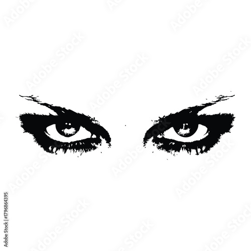 Black and white illustration of a woman's eyes with a dramatic, sharp gaze in a retro vintage style.