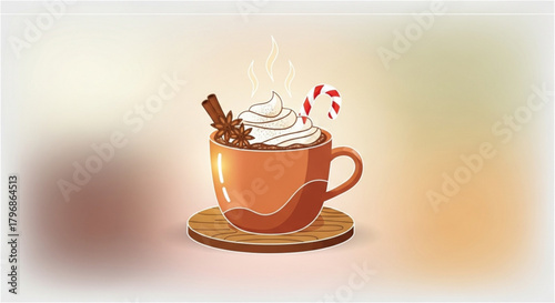 Hot chocolate with whipped cream and candy cane christmas holiday season winter drink illustration design