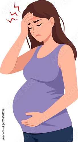 Pregnant woman suffering from headache, migraine, or severe stress and discomfort during pregnancy, vector illustration isolated on white.