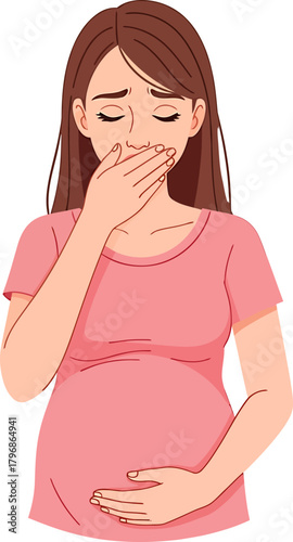 Pregnant woman suffering from morning sickness and nausea. Illustration of pregnancy discomfort and early symptoms, covering mouth feeling sick.