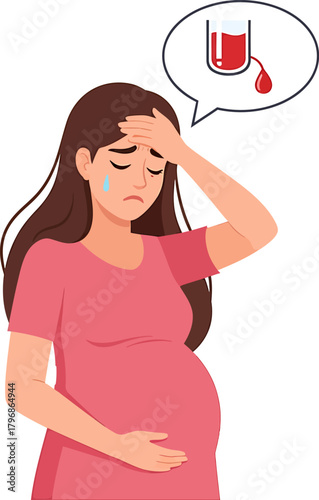 Pregnant woman suffering from anemia or blood deficiency, holding her head in distress. Illustration of pregnancy complication and health worry.