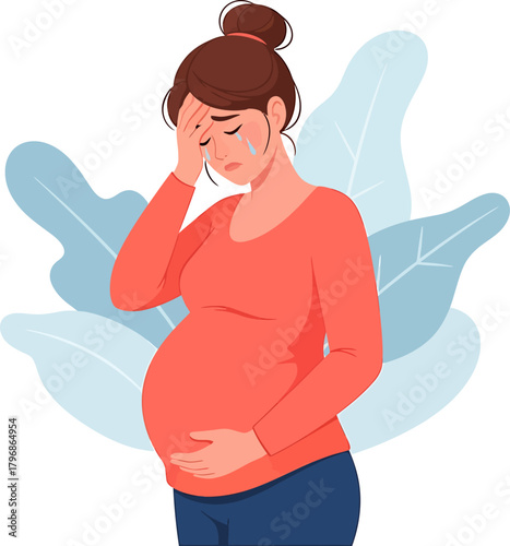 Sad pregnant woman crying. Maternal stress, anxiety, or prenatal depression during pregnancy concept.