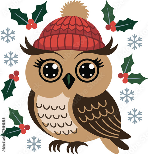 Cute cartoon owl wearing red knitted hat surrounded by holly and snowflakes bird animal vector illustration EPS file download.
