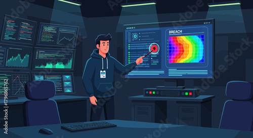 Cybersecurity Analyst Identifying a Security Breach in a Dark Monitoring Room
